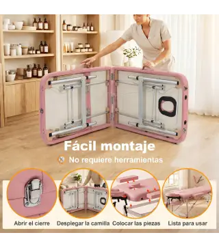 Camilla Masaje Plegable de Aluminio con Altura Ajustable 3 Zonas Reposacabezas Extraíble Bolsa de Transporte Rosa