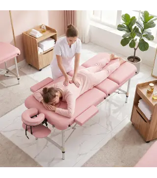 Camilla Masaje Plegable de Aluminio con Altura Ajustable 3 Zonas Reposacabezas Extraíble Bolsa de Transporte Rosa