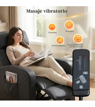 Sillón de Masaje Reclinable con Mando a Distancia Bolsillo Lateral y Temporizador Tapizado en PU 68x88x98 cm Negro