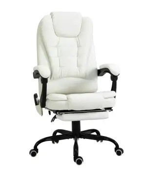Silla de Oficina con 7 Puntos de Masaje con Reposapiés Retráctil Altura Ajustable Control Remoto y Tejido de PU Blanco