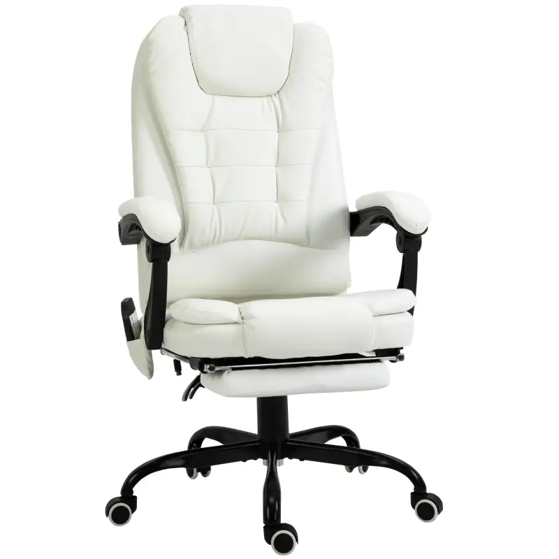 Silla de Oficina con 7 Puntos de Masaje con Reposapiés Retráctil Altura Ajustable Control Remoto y Tejido de PU Blanco