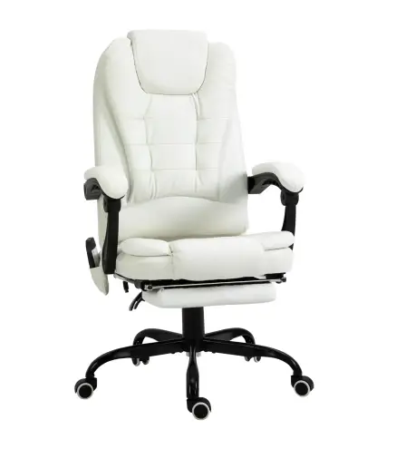 Silla de Oficina con 7 Puntos de Masaje con Reposapiés Retráctil Altura Ajustable Control Remoto y Tejido de PU Blanco