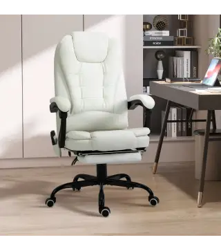 Silla de Oficina con 7 Puntos de Masaje con Reposapiés Retráctil Altura Ajustable Control Remoto y Tejido de PU Blanco