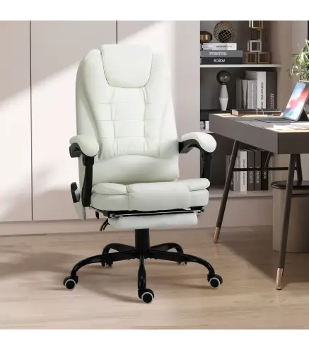 Silla de Oficina con 7 Puntos de Masaje con Reposapiés Retráctil Altura Ajustable Control Remoto y Tejido de PU Blanco