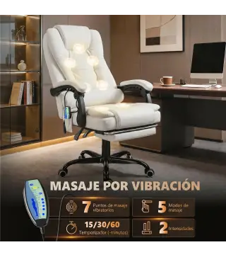 Silla de Oficina con 7 Puntos de Masaje con Reposapiés Retráctil Altura Ajustable Control Remoto y Tejido de PU Blanco
