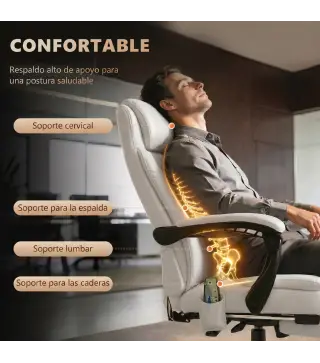 Silla de Oficina con 7 Puntos de Masaje con Reposapiés Retráctil Altura Ajustable Control Remoto y Tejido de PU Blanco