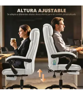 Silla de Oficina con 7 Puntos de Masaje con Reposapiés Retráctil Altura Ajustable Control Remoto y Tejido de PU Blanco