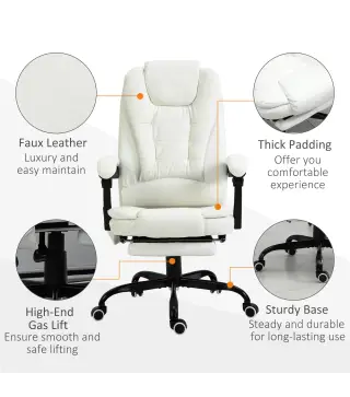 Silla de Oficina con 7 Puntos de Masaje con Reposapiés Retráctil Altura Ajustable Control Remoto y Tejido de PU Blanco