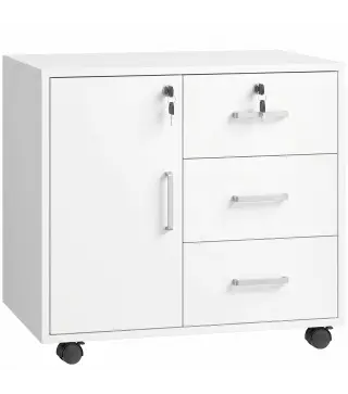 Mueble para Impresora con Ruedas Mesa para Impresora con Puerta y 3 Cajones Cerraduras Estante Ajustable Blanco