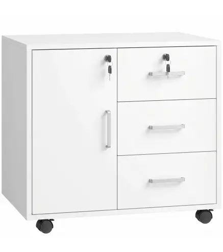 Mueble para Impresora con Ruedas Mesa para Impresora con Puerta y 3 Cajones Cerraduras Estante Ajustable Blanco