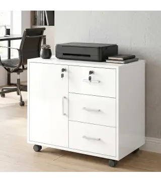 Mueble para Impresora con Ruedas Mesa para Impresora con Puerta y 3 Cajones Cerraduras Estante Ajustable Blanco