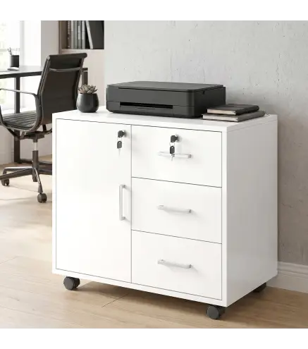 Mueble para Impresora con Ruedas Mesa para Impresora con Puerta y 3 Cajones Cerraduras Estante Ajustable Blanco