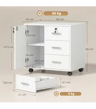 Mueble para Impresora con Ruedas Mesa para Impresora con Puerta y 3 Cajones Cerraduras Estante Ajustable Blanco
