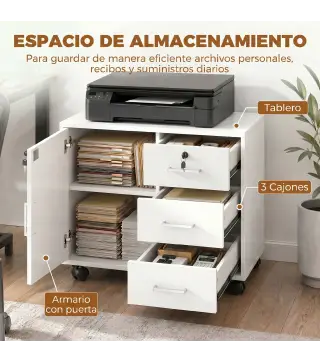 Mueble para Impresora con Ruedas Mesa para Impresora con Puerta y 3 Cajones Cerraduras Estante Ajustable Blanco