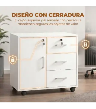 Mueble para Impresora con Ruedas Mesa para Impresora con Puerta y 3 Cajones Cerraduras Estante Ajustable Blanco