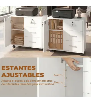 Mueble para Impresora con Ruedas Mesa para Impresora con Puerta y 3 Cajones Cerraduras Estante Ajustable Blanco