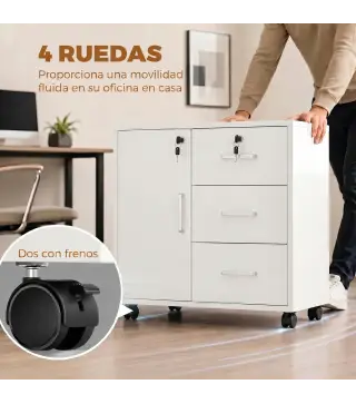 Mueble para Impresora con Ruedas Mesa para Impresora con Puerta y 3 Cajones Cerraduras Estante Ajustable Blanco