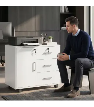 Mueble para Impresora con Ruedas Mesa para Impresora con Puerta y 3 Cajones Cerraduras Estante Ajustable Blanco