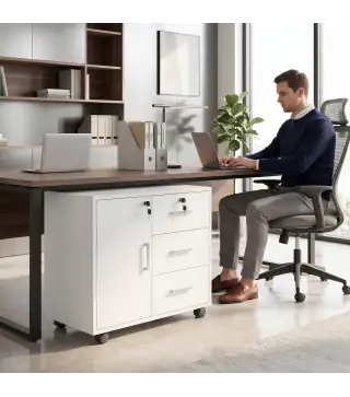 Mueble para Impresora con Ruedas Mesa para Impresora con Puerta y 3 Cajones Cerraduras Estante Ajustable Blanco