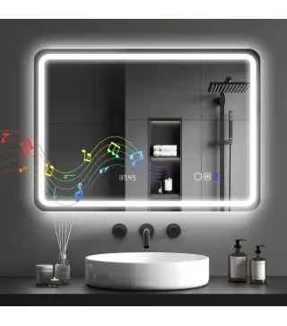 Espejo de Baño con Luz LED 70x50 cm con Bluetooth 3 Colores de Luz Reloj Digital Función Antivaho Función de Memoria