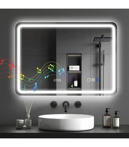 Espejo de Baño con Luz LED 70x50 cm con Bluetooth 3 Colores de Luz Reloj Digital Función Antivaho Función de Memoria