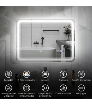 Espejo de Baño con Luz LED 70x50 cm con Bluetooth 3 Colores de Luz Reloj Digital Función Antivaho Función de Memoria