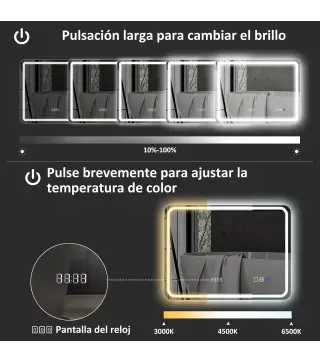 Espejo de Baño con Luz LED 70x50 cm con Bluetooth 3 Colores de Luz Reloj Digital Función Antivaho Función de Memoria