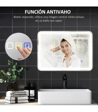 Espejo de Baño con Luz LED 70x50 cm con Bluetooth 3 Colores de Luz Reloj Digital Función Antivaho Función de Memoria