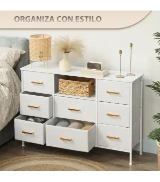 Cómoda con 8 Cajones de Tela Acabado en Borreguito Sintético Estación de Carga y Carga USB-C para Dormitorio Crema