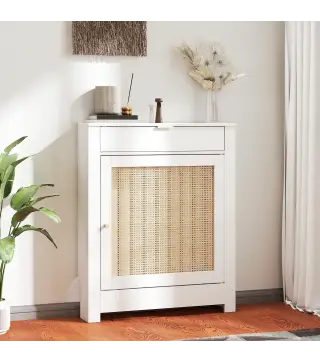 Cubre Radiadores con Puerta Abatible y Ratán Compartimento Diseño Bohemio para Salón Dormitorio Blanco