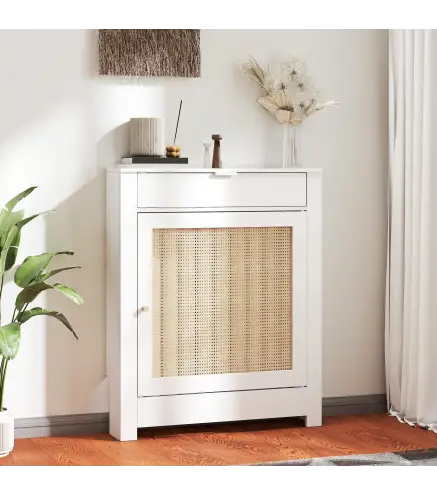 Cubre Radiadores con Puerta Abatible y Ratán Compartimento Diseño Bohemio para Salón Dormitorio Blanco