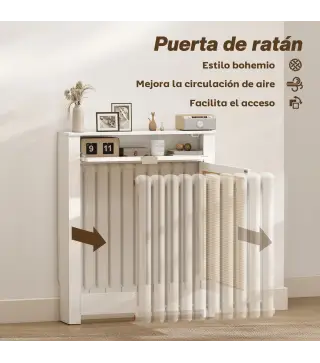 Cubre Radiadores con Puerta Abatible y Ratán Compartimento Diseño Bohemio para Salón Dormitorio Blanco