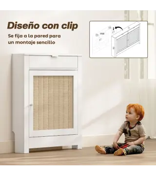 Cubre Radiadores con Puerta Abatible y Ratán Compartimento Diseño Bohemio para Salón Dormitorio Blanco