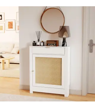Cubre Radiadores con Puerta Abatible y Ratán Compartimento Diseño Bohemio para Salón Dormitorio Blanco