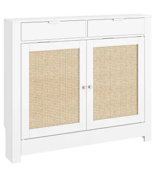 Cubre Radiadores con Puertas Abatibles y Ratán 2 Compartimentos Diseño Bohemio para Salón Dormitorio Blanco