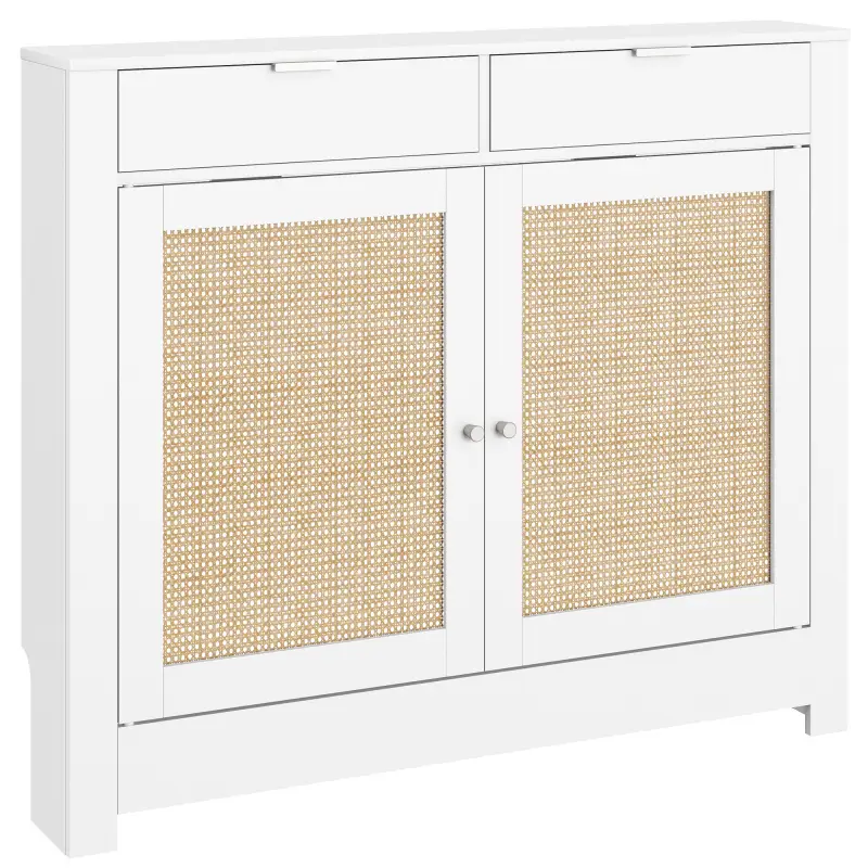 Cubre Radiadores con Puertas Abatibles y Ratán 2 Compartimentos Diseño Bohemio para Salón Dormitorio Blanco