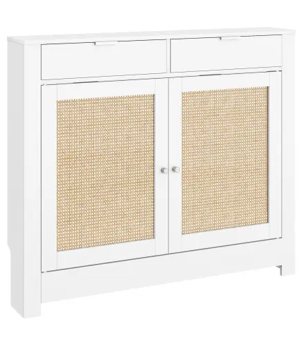 Cubre Radiadores con Puertas Abatibles y Ratán 2 Compartimentos Diseño Bohemio para Salón Dormitorio Blanco