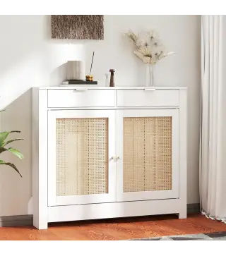 Cubre Radiadores con Puertas Abatibles y Ratán 2 Compartimentos Diseño Bohemio para Salón Dormitorio Blanco