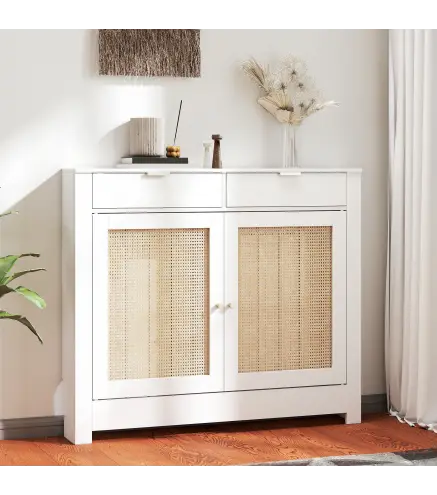 Cubre Radiadores con Puertas Abatibles y Ratán 2 Compartimentos Diseño Bohemio para Salón Dormitorio Blanco