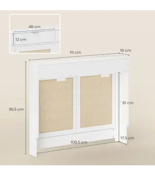 Cubre Radiadores con Puertas Abatibles y Ratán 2 Compartimentos Diseño Bohemio para Salón Dormitorio Blanco