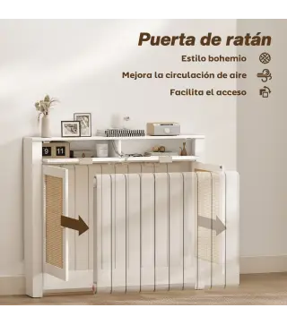 Cubre Radiadores con Puertas Abatibles y Ratán 2 Compartimentos Diseño Bohemio para Salón Dormitorio Blanco