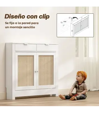 Cubre Radiadores con Puertas Abatibles y Ratán 2 Compartimentos Diseño Bohemio para Salón Dormitorio Blanco