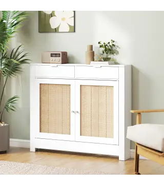 Cubre Radiadores con Puertas Abatibles y Ratán 2 Compartimentos Diseño Bohemio para Salón Dormitorio Blanco