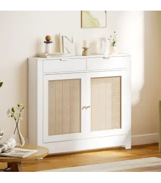 Cubre Radiadores con Puertas Abatibles y Ratán 2 Compartimentos Diseño Bohemio para Salón Dormitorio Blanco