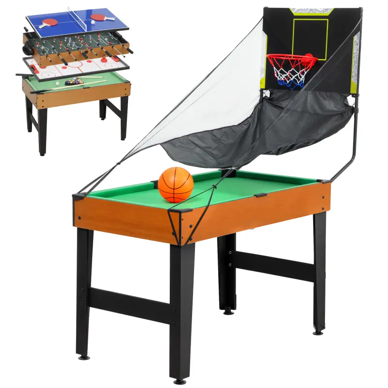 Mesa Multijuegos 5 en 1 con Futbolines para Niños Billar Ping-pong Hockey y Baloncesto 134x108x144 cm Natural y Negro