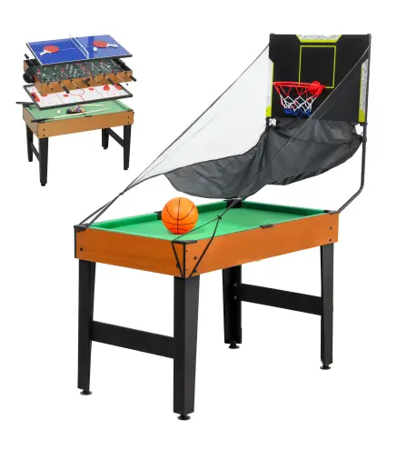 Mesa Multijuegos 5 en 1 con Futbolines para Niños Billar Ping-pong Hockey y Baloncesto 134x108x144 cm Natural y Negro