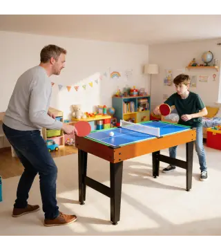 Mesa Multijuegos 5 en 1 con Futbolines para Niños Billar Ping-pong Hockey y Baloncesto 134x108x144 cm Natural y Negro