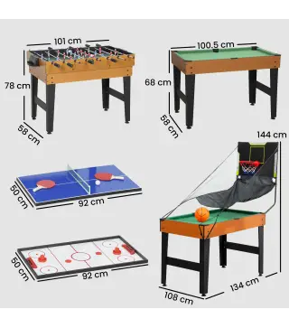 Mesa Multijuegos 5 en 1 con Futbolines para Niños Billar Ping-pong Hockey y Baloncesto 134x108x144 cm Natural y Negro