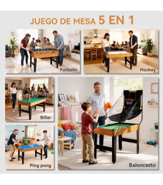 Mesa Multijuegos 5 en 1 con Futbolines para Niños Billar Ping-pong Hockey y Baloncesto 134x108x144 cm Natural y Negro