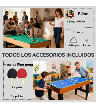 Mesa Multijuegos 5 en 1 con Futbolines para Niños Billar Ping-pong Hockey y Baloncesto 134x108x144 cm Natural y Negro